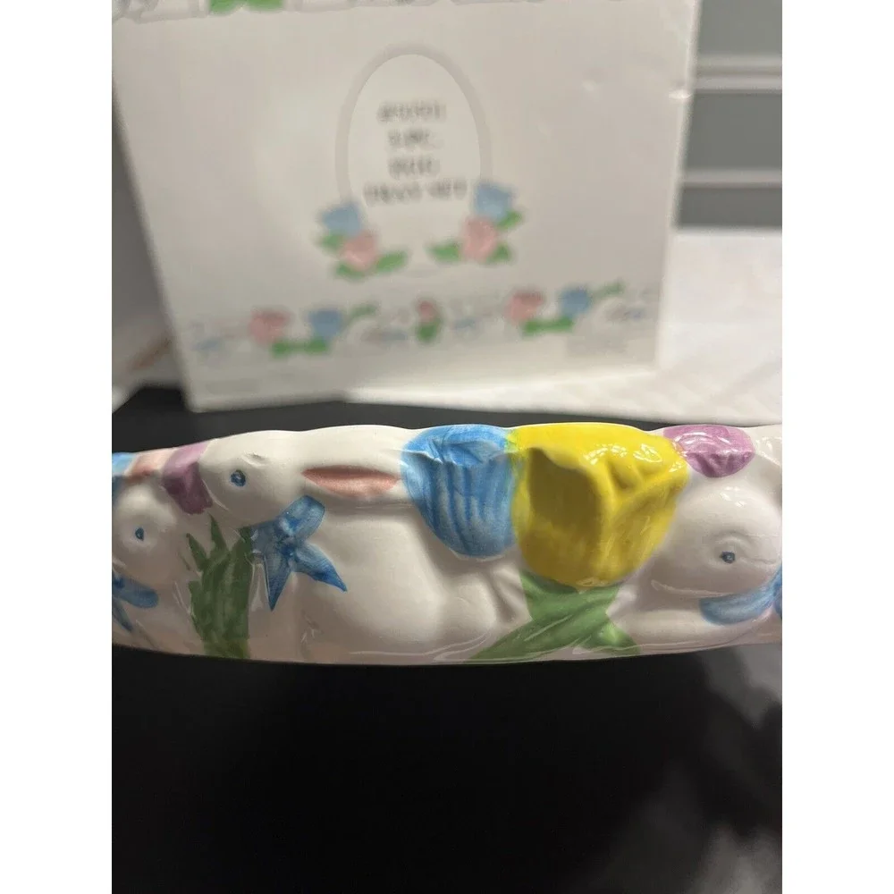 Ceramic Easter Egg Plate with Bunny Rabbit Salt n Pepper Shakers IOB